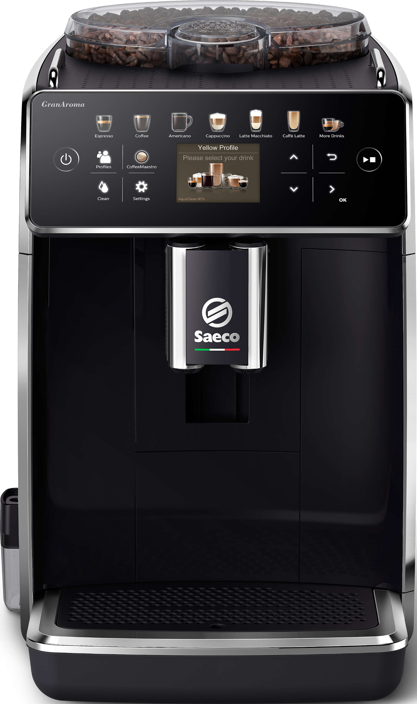 Machine à expresso noire et argentée avec une interface tactile, un bac à grains et un réservoir d'eau.