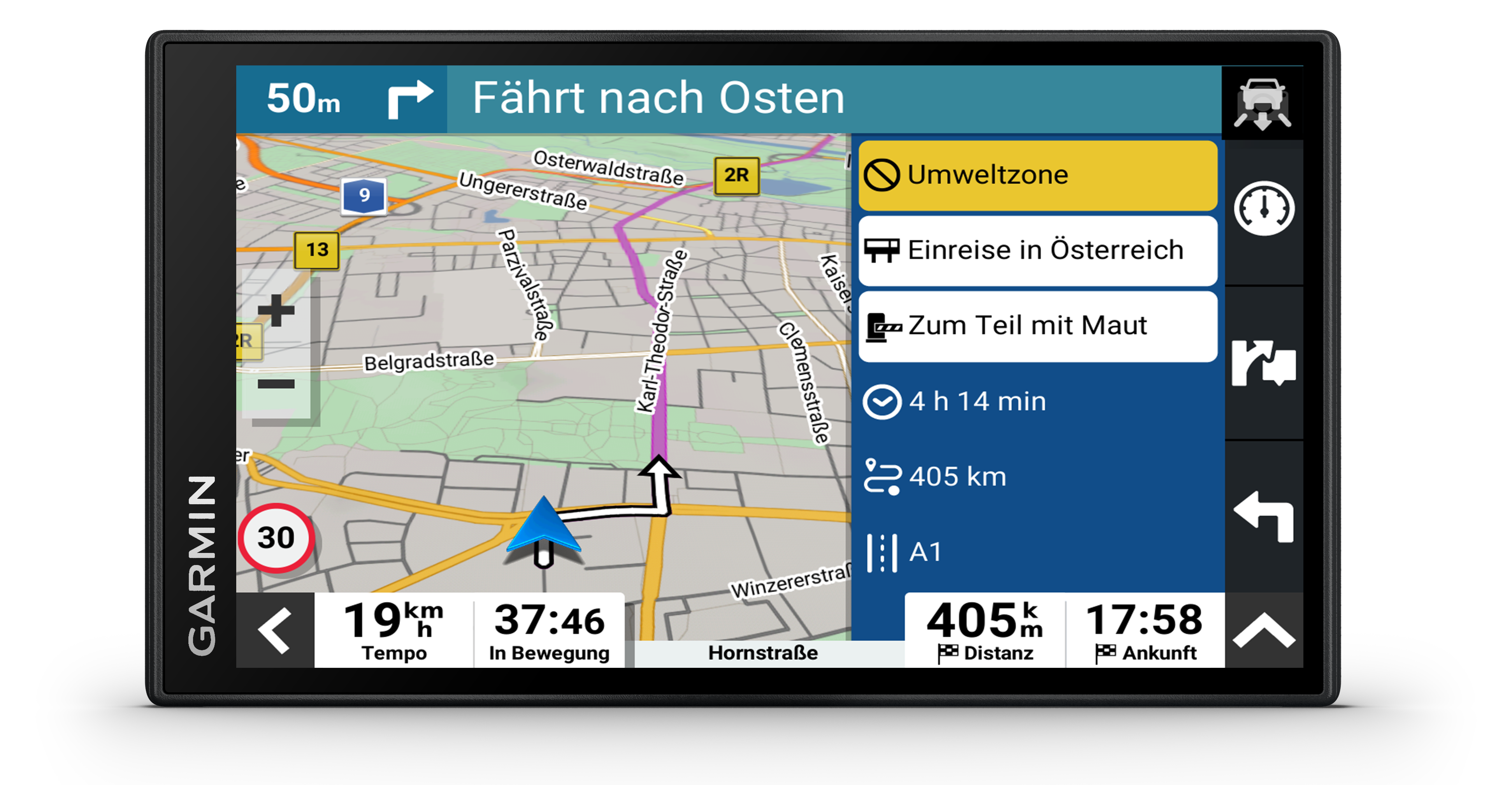 GPS-Navigationsbildschirm, zeigt Karte mit Route, Zeit, Entfernung und Zielinformationen.