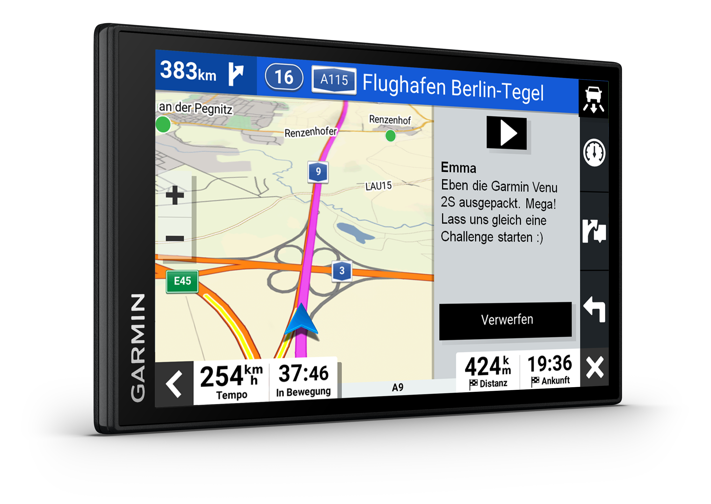 GPS-Gerätebildschirm mit Karte, Navigationsinformationen, schwarzer Rahmen.