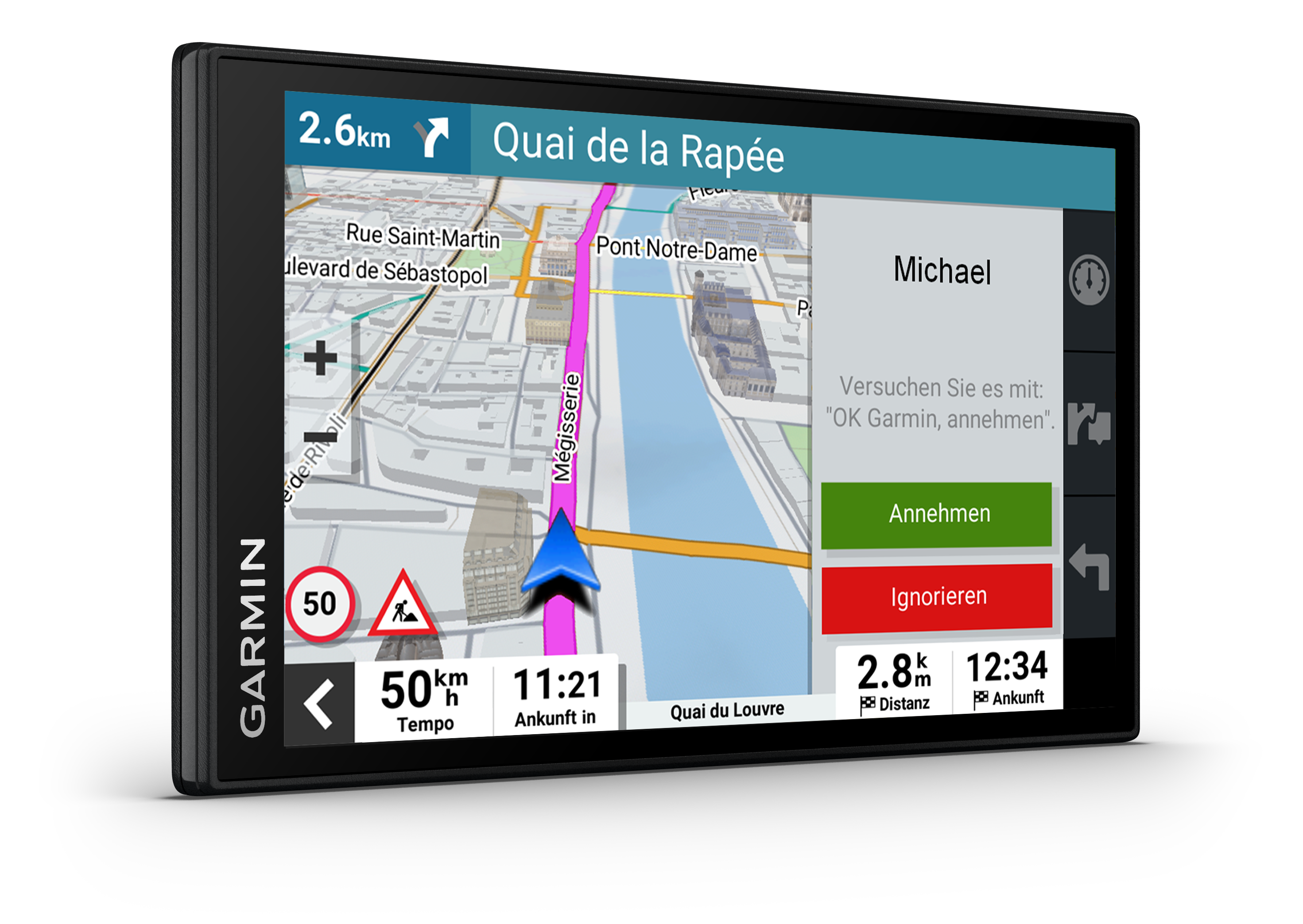 Garmin GPS-Gerät mit einer Stadtkarte und Navigationsanweisungen.