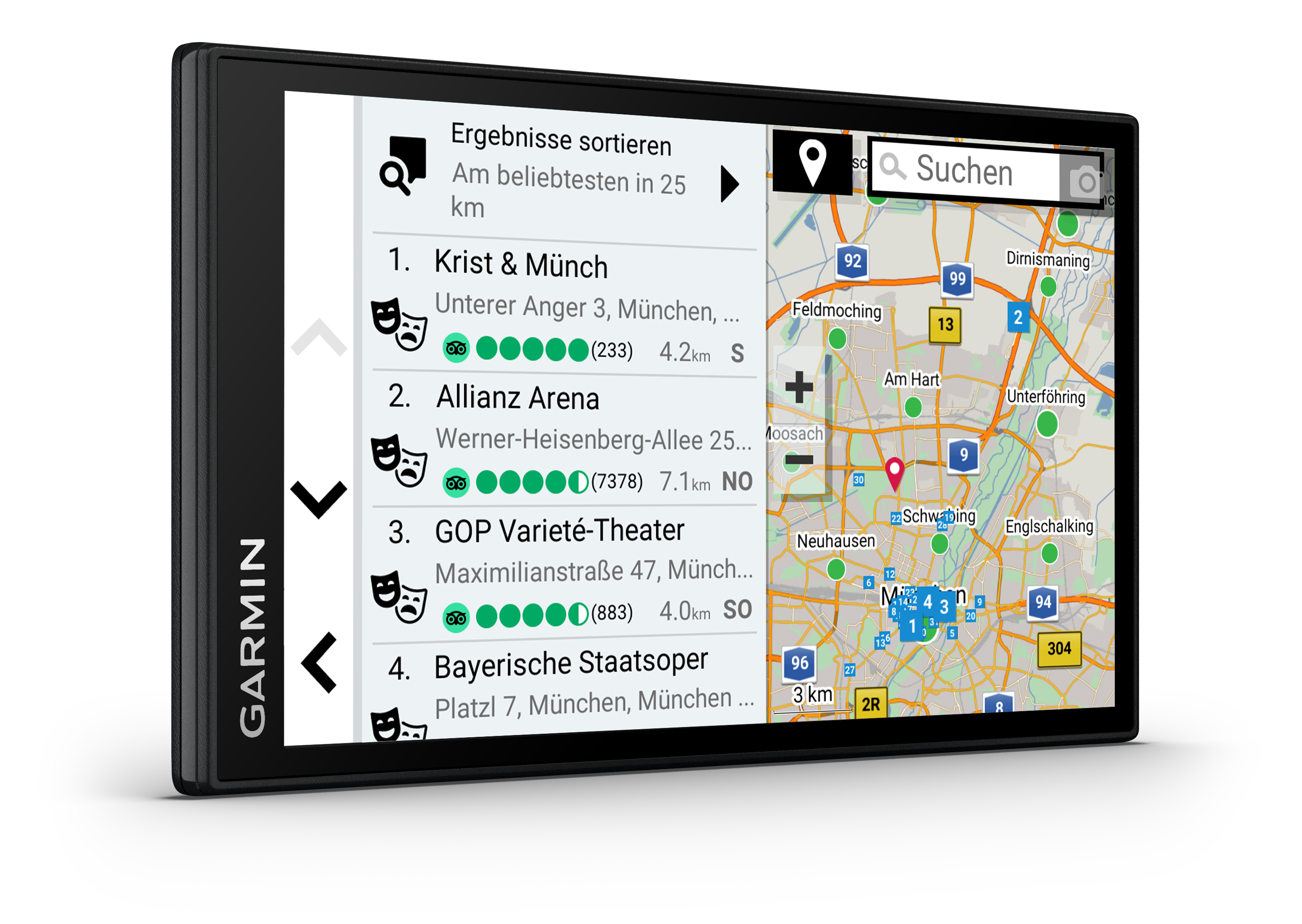 Garmin-Navigationsgerät, das eine Karte und Suchergebnisse anzeigt.