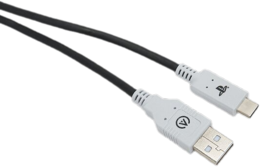 Câble USB noir et blanc. Une extrémité est USB, l'autre est USB-C, avec le logo PlayStation.