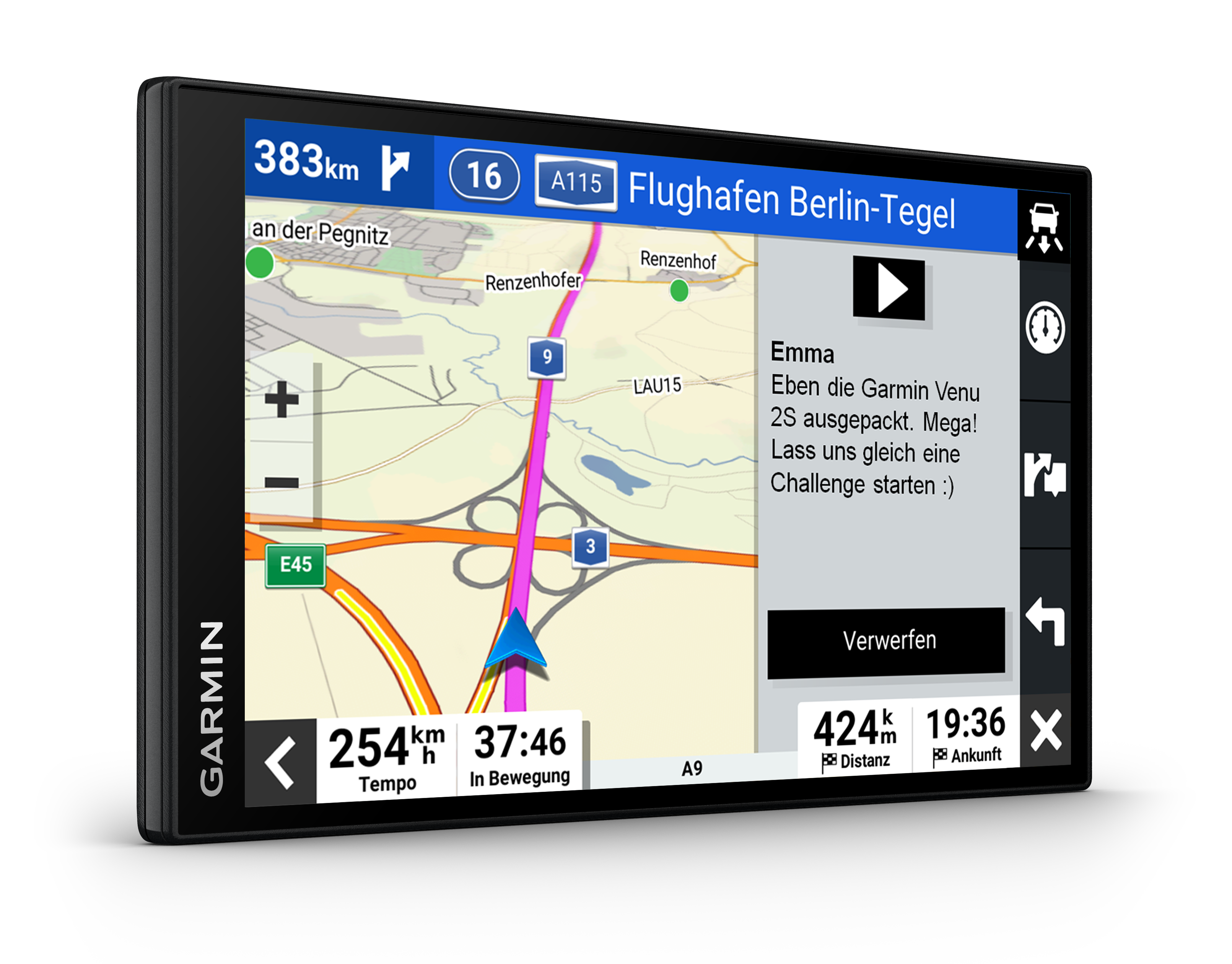 Garmin-Navigationsgerät, das eine Karte mit Route und Navigationsinformationen anzeigt.