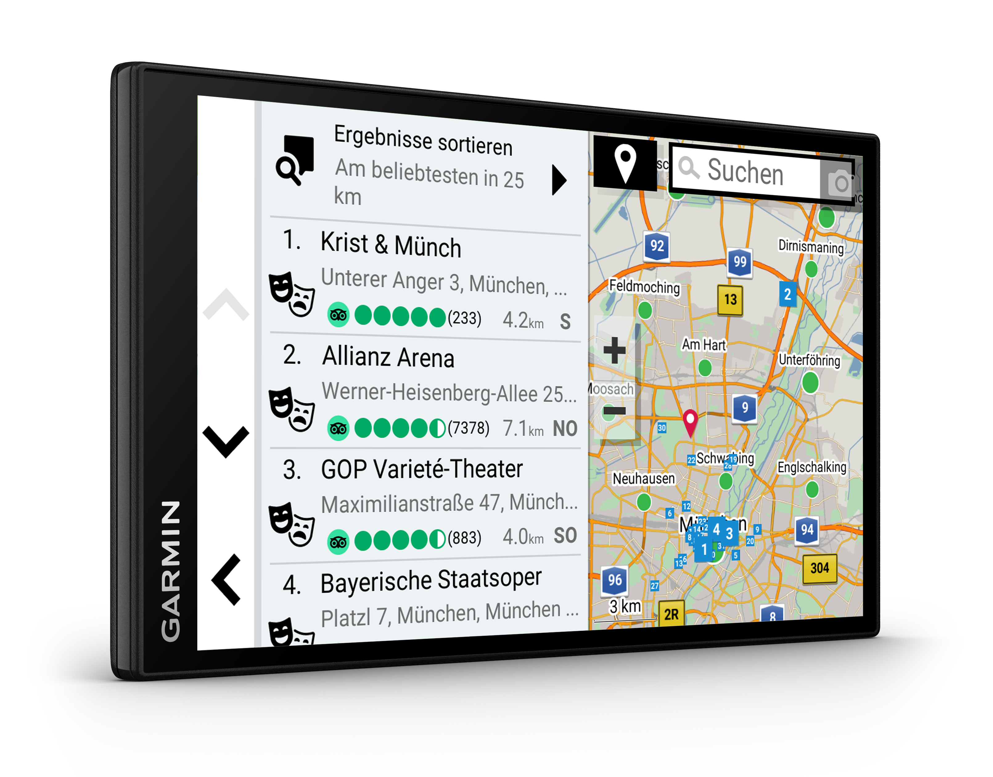 Ein Garmin-GPS-Gerät, das eine Karte mit Suchergebnissen und einer Suchleiste auf schwarzem Hintergrund anzeigt.