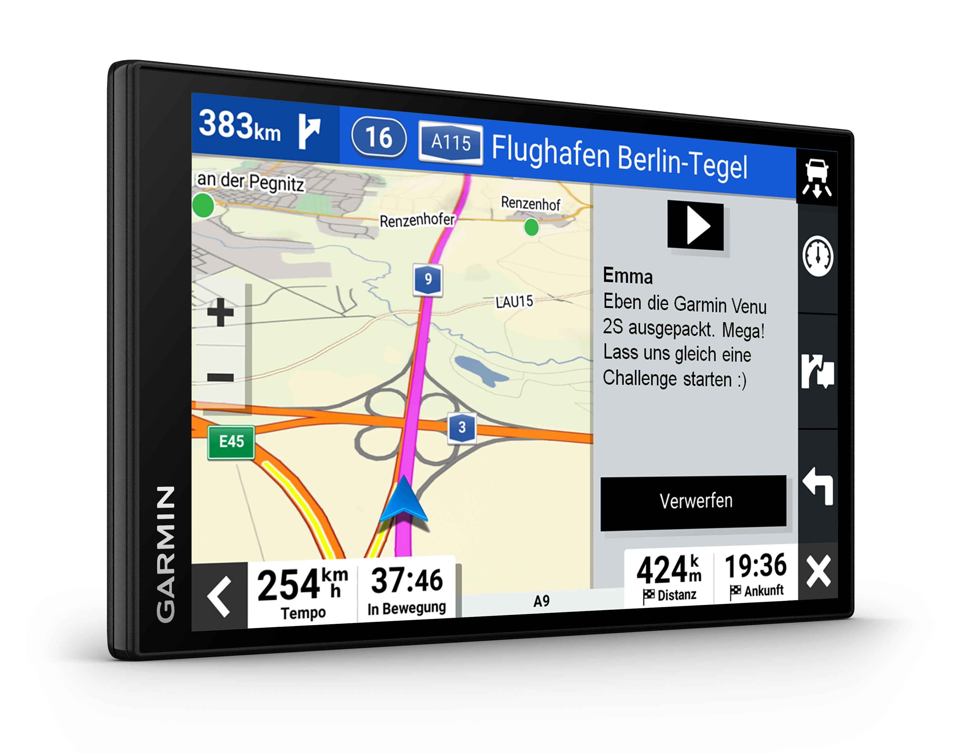 Garmin GPS-Gerät, das eine Karte und Navigationsinformationen anzeigt.