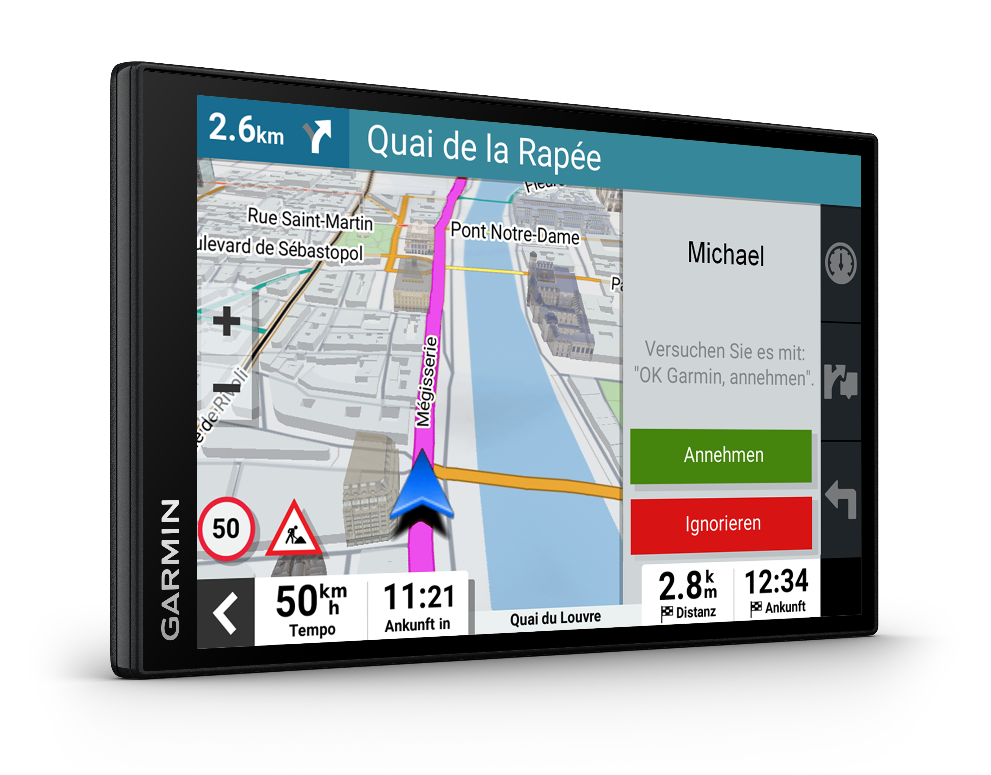 Ein Garmin GPS-Gerät zeigt eine Karte und Navigationsdetails, einschließlich eines Anrufs von einem Kontakt namens Michael.