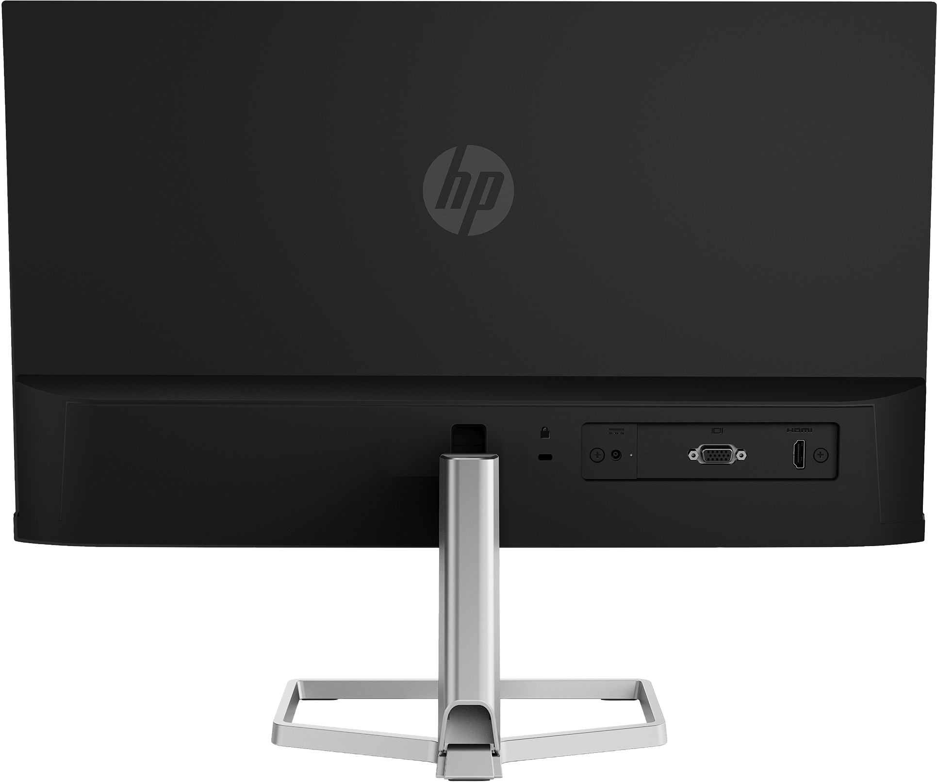 Rückansicht eines schwarzen HP-Monitors. Er hat Anschlüsse, einen Ständer und das HP-Logo.