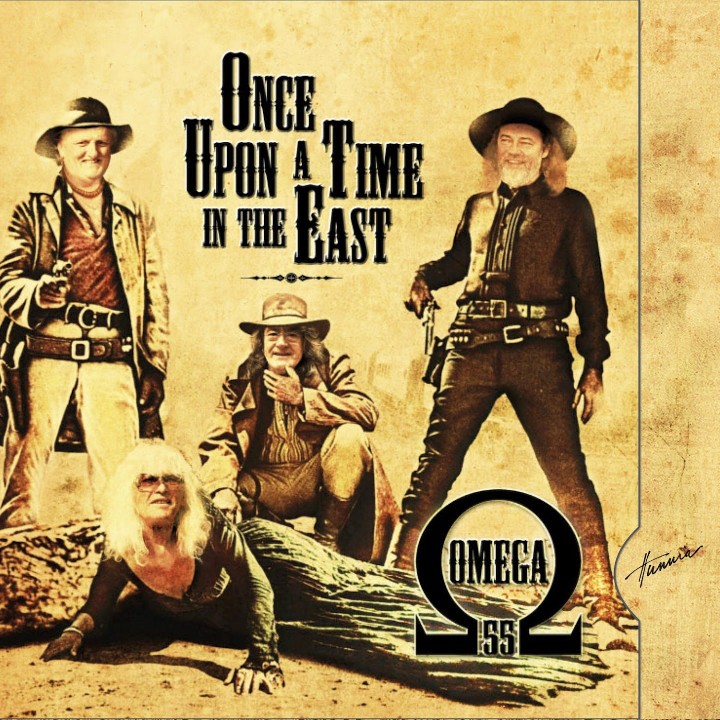 Album borító négy cowboy-val, vintage stílusban. A cím: 'Once Upon a Time in the East', Omega logó.