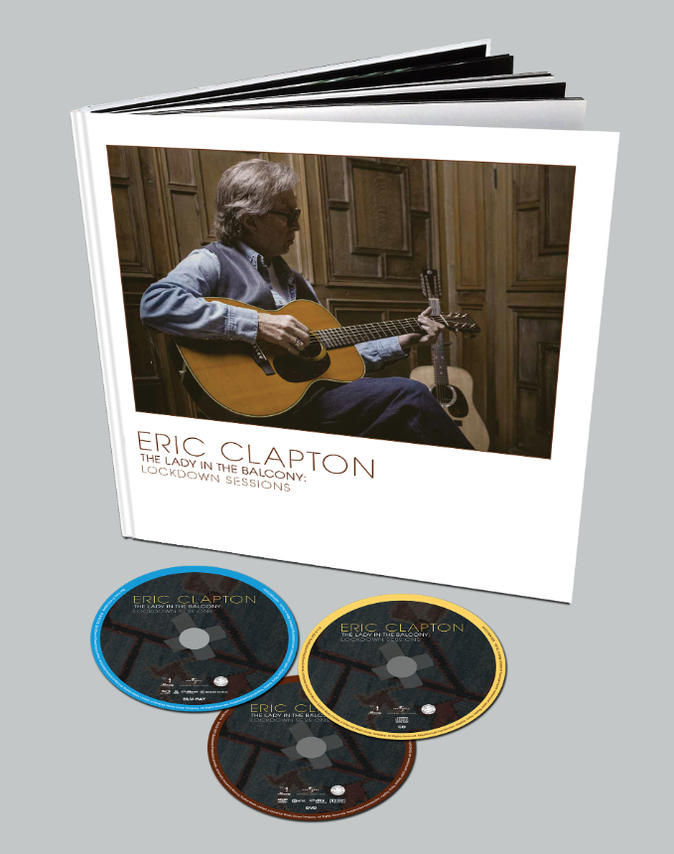 Könyv Eric Clapton gitározásáról készült képpel, alatta CD-kkel. A CD-k kék, sárga és barna színűek.