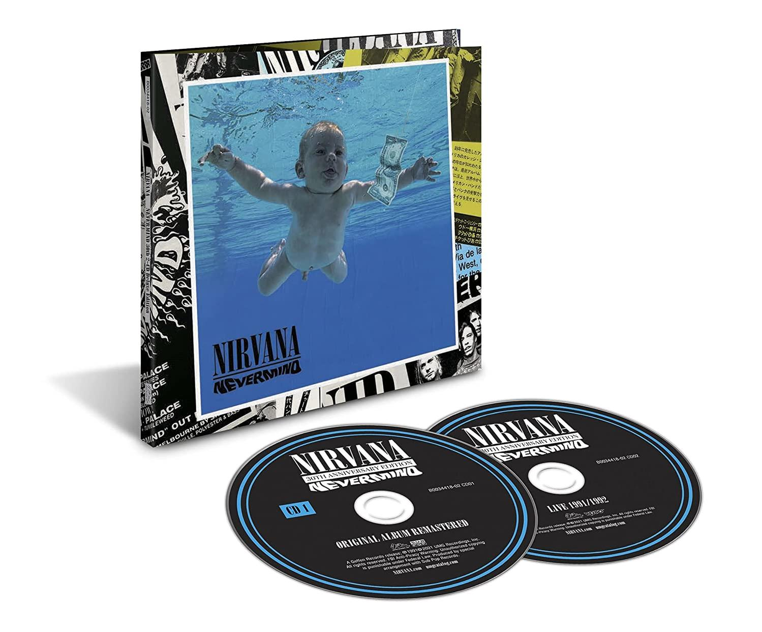 Albumcover von Nirvanas Nevermind. Ein Baby schwimmt in blauem Wasser und greift nach einem Dollar.