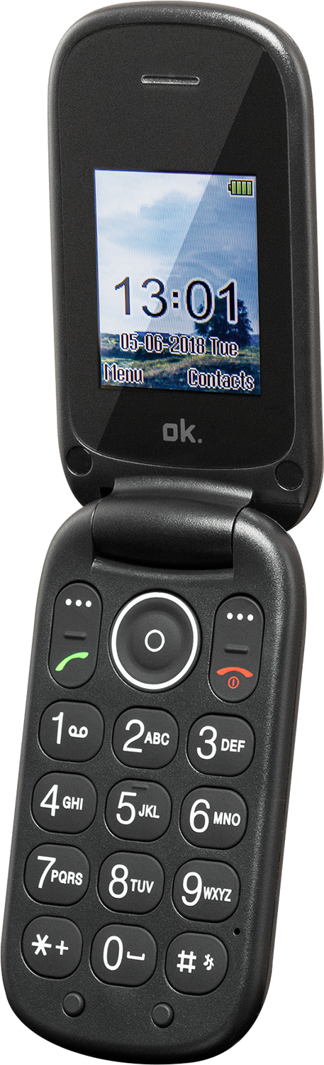 Black flip phone, open, showing screen with time and date.