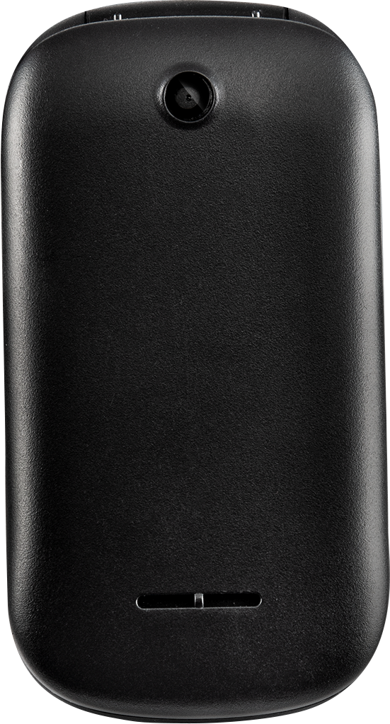 Black phone, the back is visible. It has a camera and a speaker.
