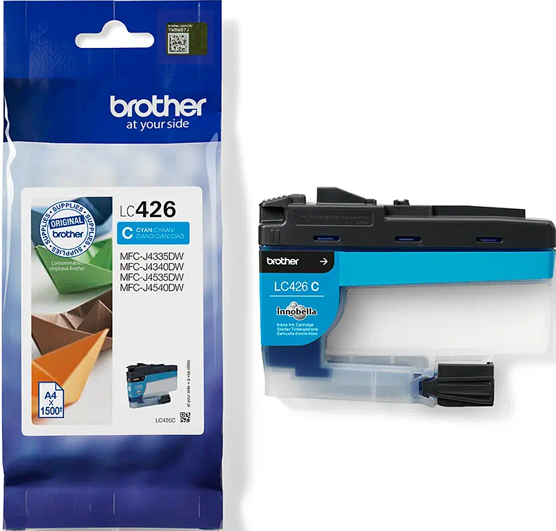 Cyan Tintenpatrone in einer durchsichtigen Plastiktüte, mit Brother-Etikett und separater Patrone.