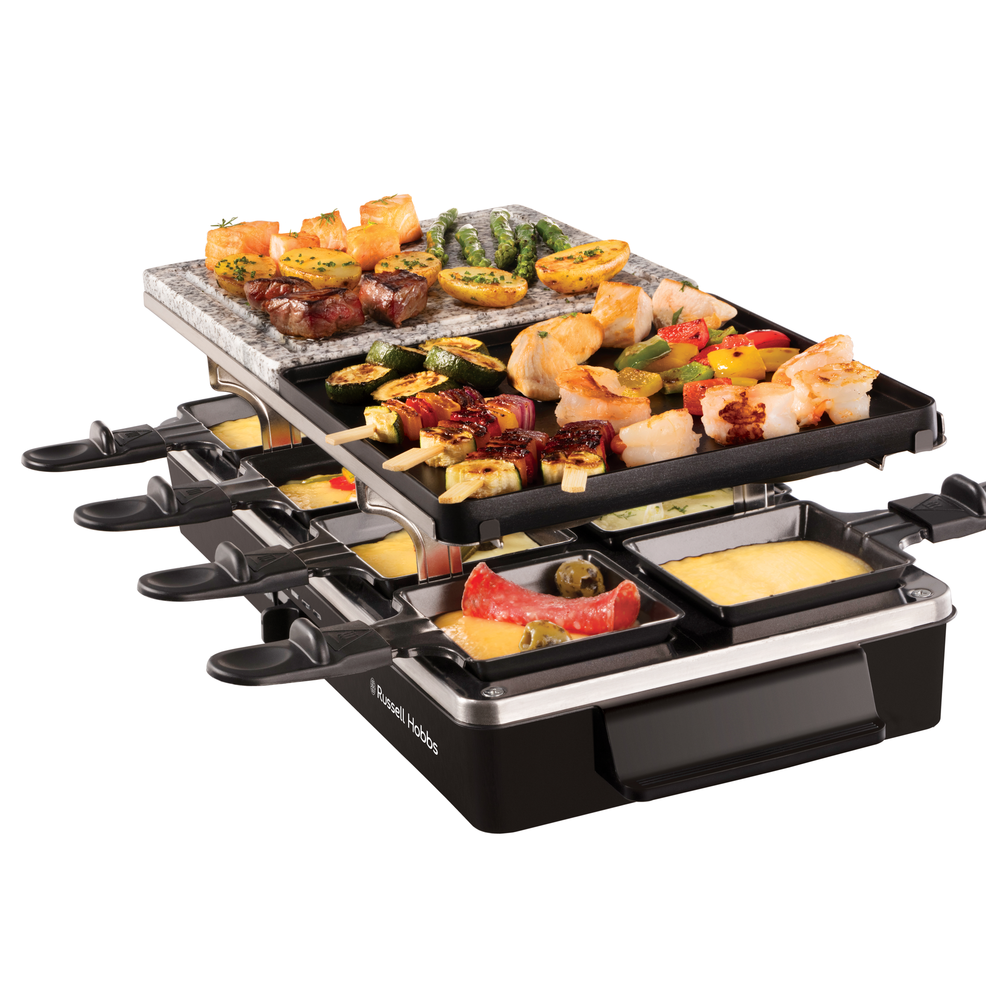 Raclette grill több serpenyővel és ételekkel, mint sajt, zöldségek és hús.