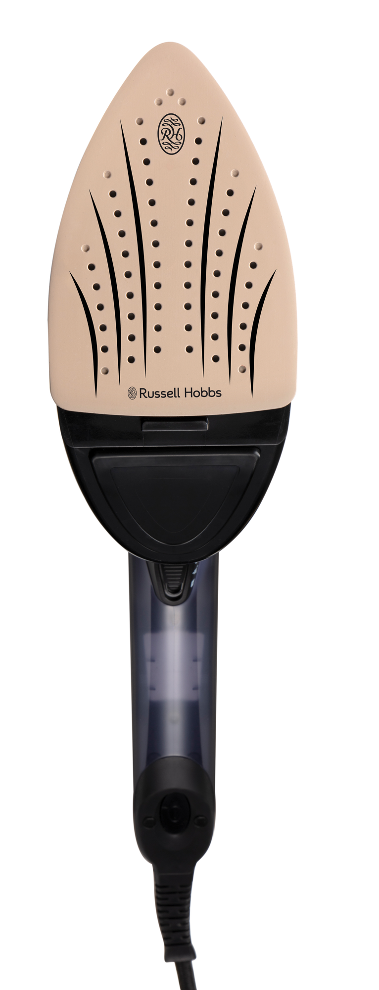 Fehér és fekete Russell Hobbs vasaló fehér háttéren, csatlakoztatott zsinórral, felfelé néz.
