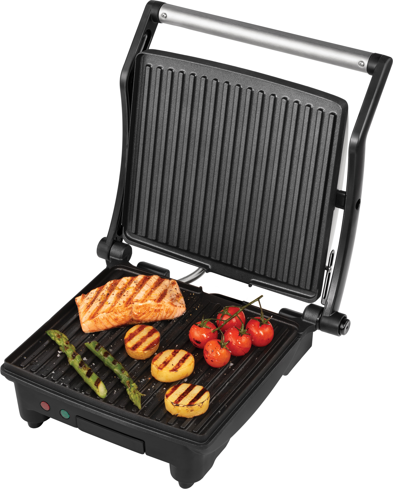 Grill sült lazaccal, paradicsommal, burgonyával és spárgával, fehér háttéren.