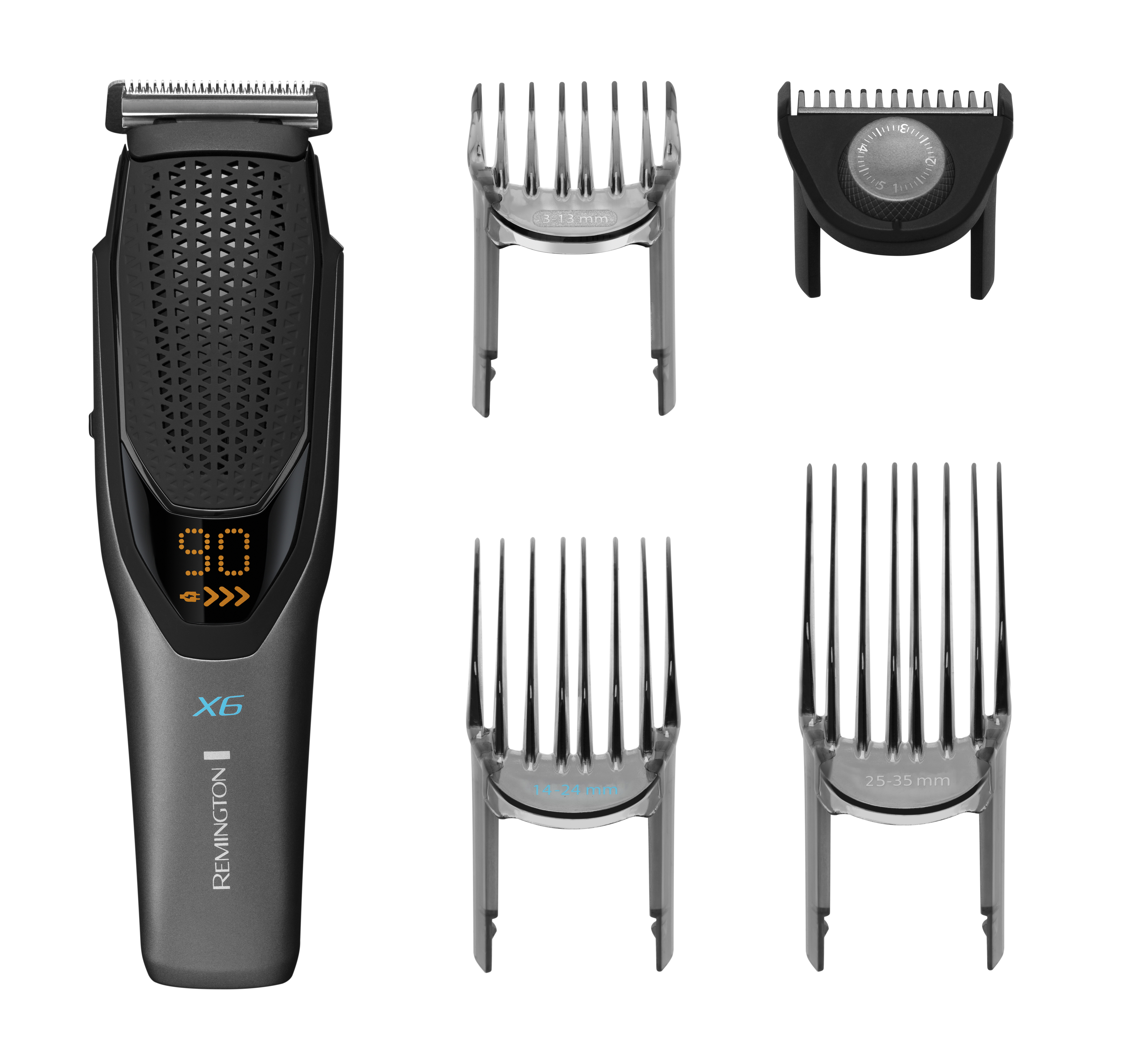 Remington X6 hajvágó tartozékokkal. A vágón digitális kijelző van számokkal.