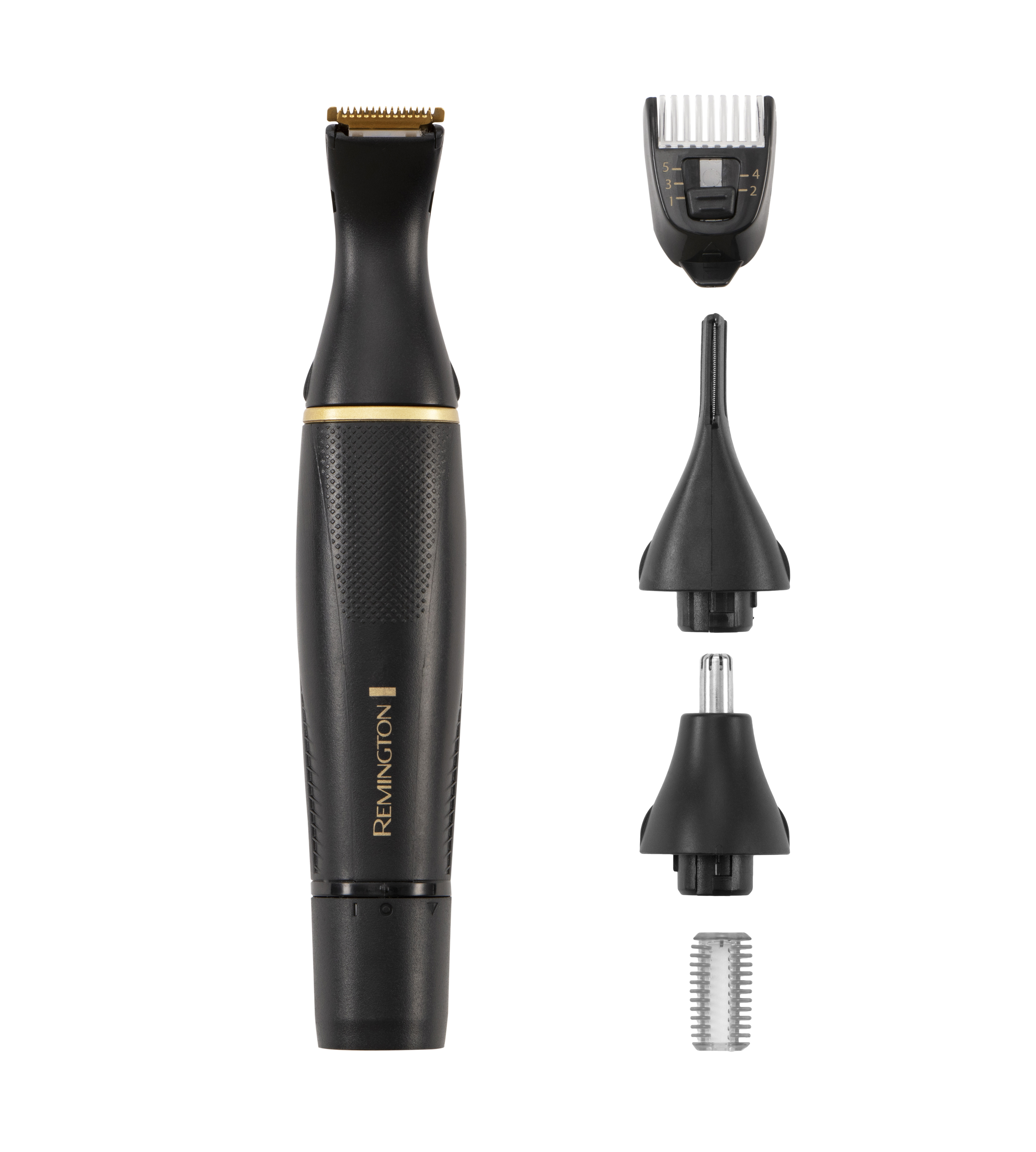 Fekete Remington trimmer tartozékokkal. Trimmer és négy tartozék. Arany részlet a trimmer testen.