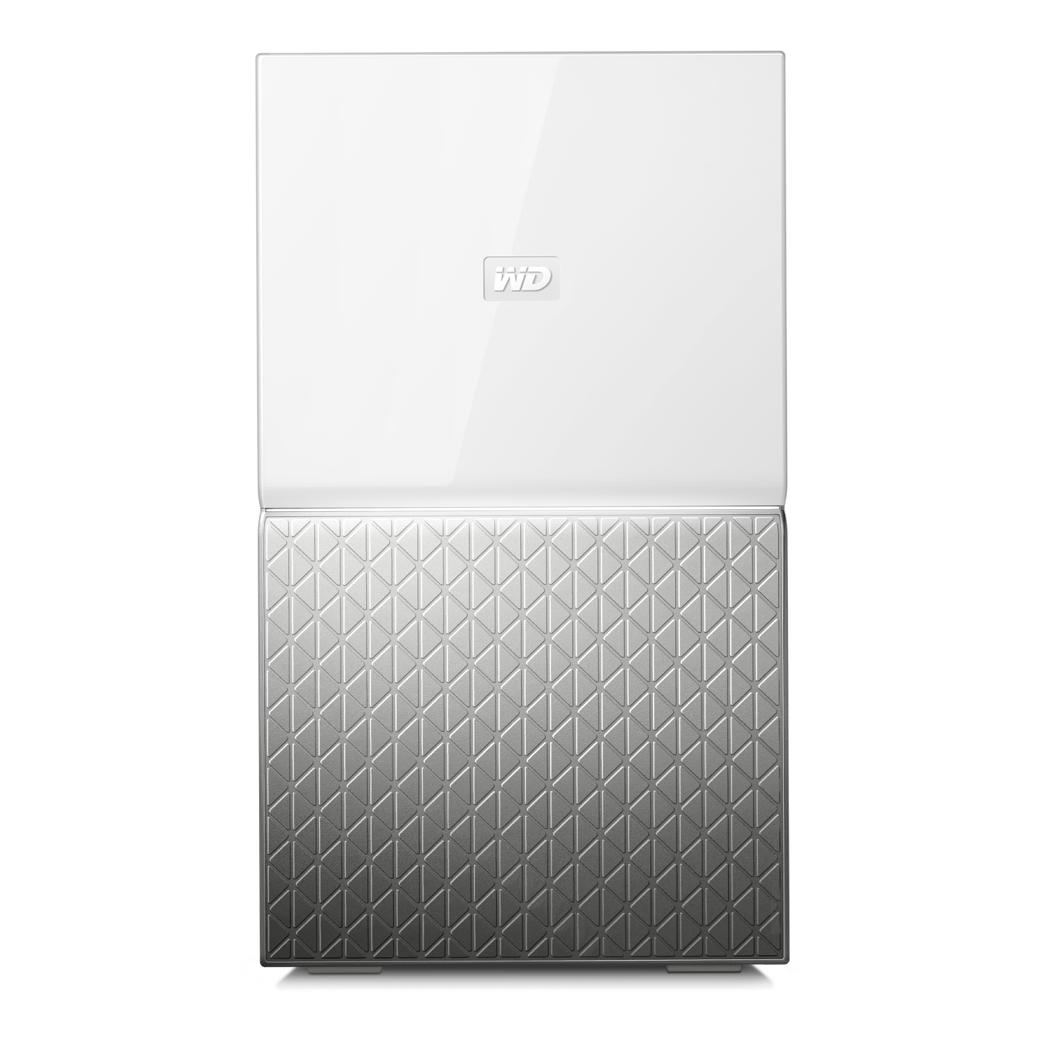 Disco duro externo blanco y plateado. Vista superior muestra la parte superior blanca y la inferior plateada estampada.