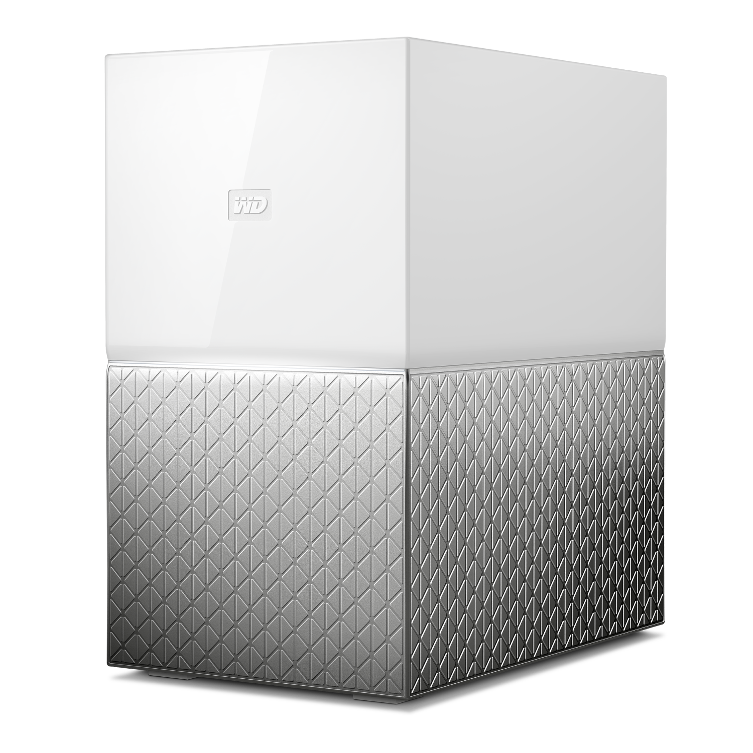 Un disco duro blanco y plateado. La parte superior es blanca, la inferior plateada con un patrón. El logotipo es WD.