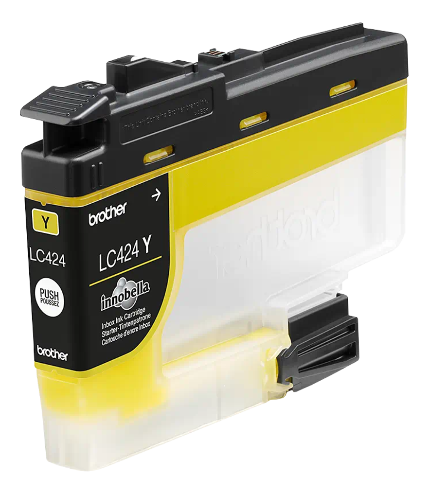 Cartouche d'encre Brother LC424 Y jaune et noire, fond blanc.