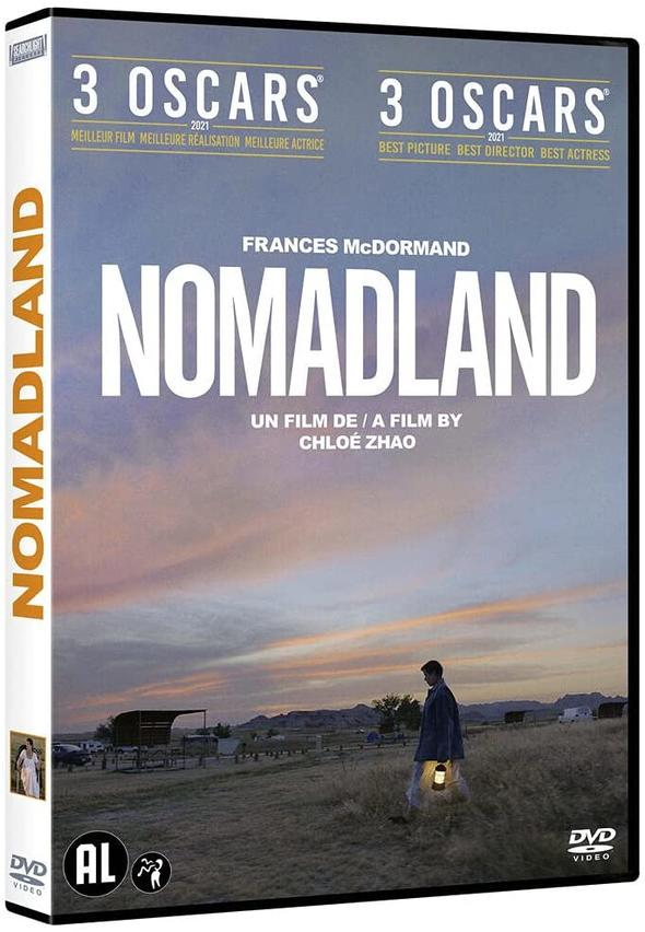 Couverture DVD du film 'Nomadland' : Silhouette d'une personne, texte 'NOMADLAND' et mentions de récompenses.