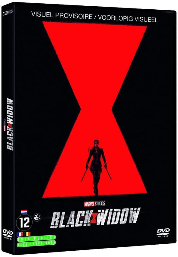 Le boîtier du DVD Black Widow avec un logo de sablier rouge et une femme tenant des armes.