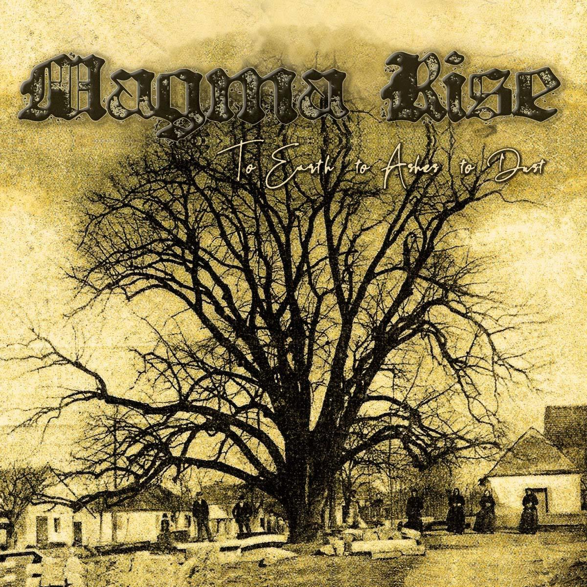 Album borító fa sziluettel, 'Magma Rise' címmel és szöveggel sárga háttéren.