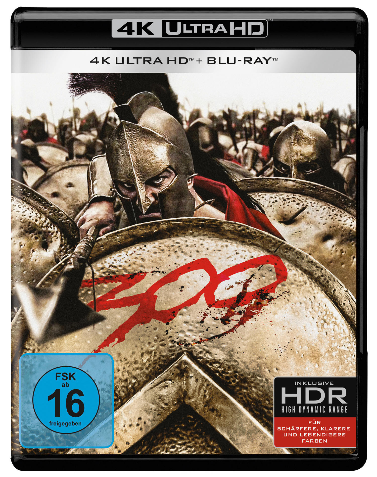 Filmcover von 300 mit einem spartanischen Krieger und Schilden.