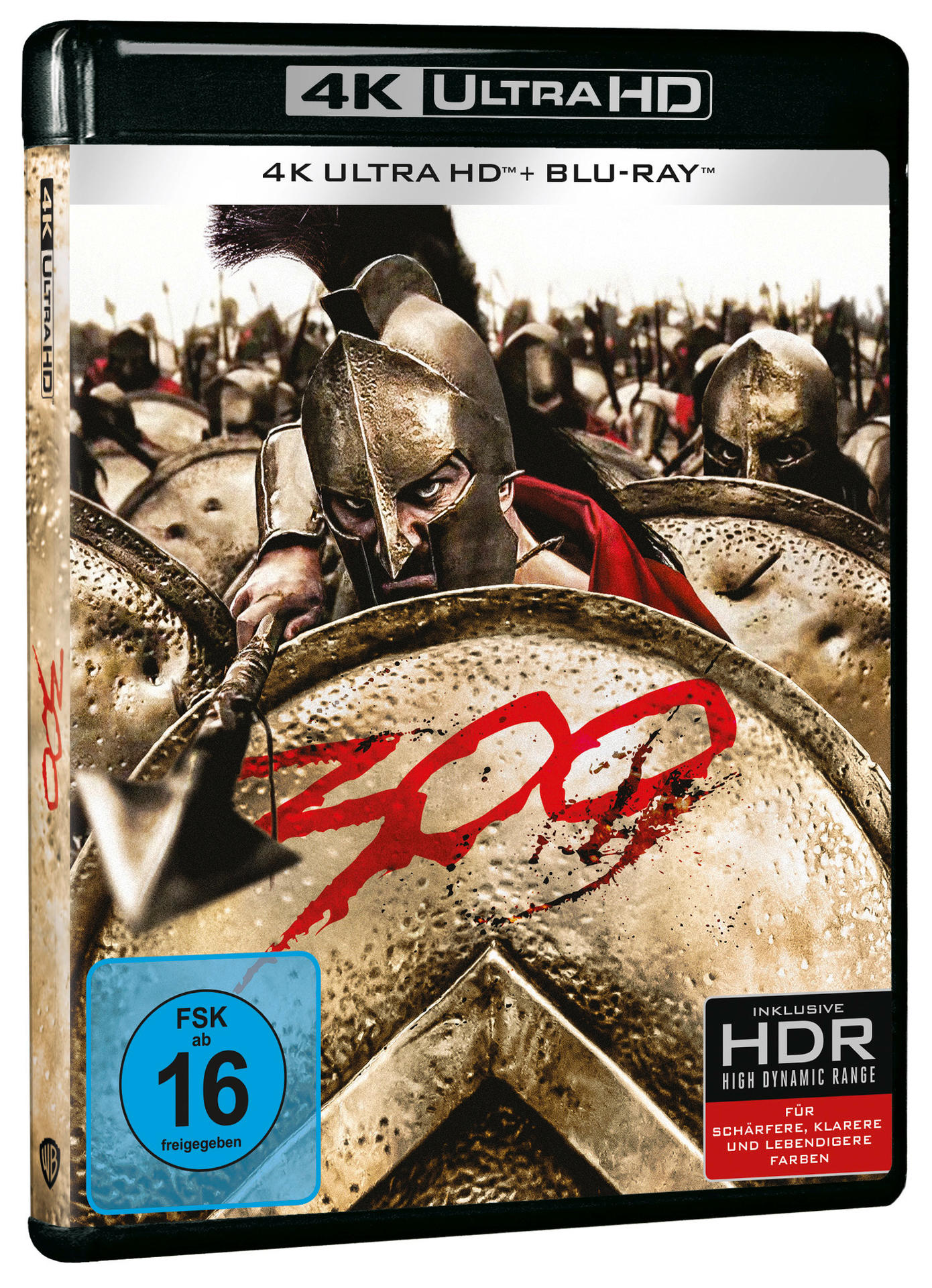 Blu-ray-Box-Art für den Film '300', mit einem spartanischen Krieger und einer Kampfszene.