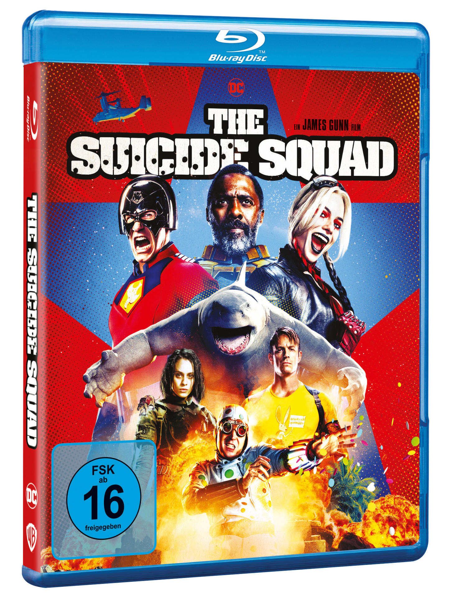 Blu-ray-Disc-Cover für 'The Suicide Squad' mit Figuren und Titeltext.