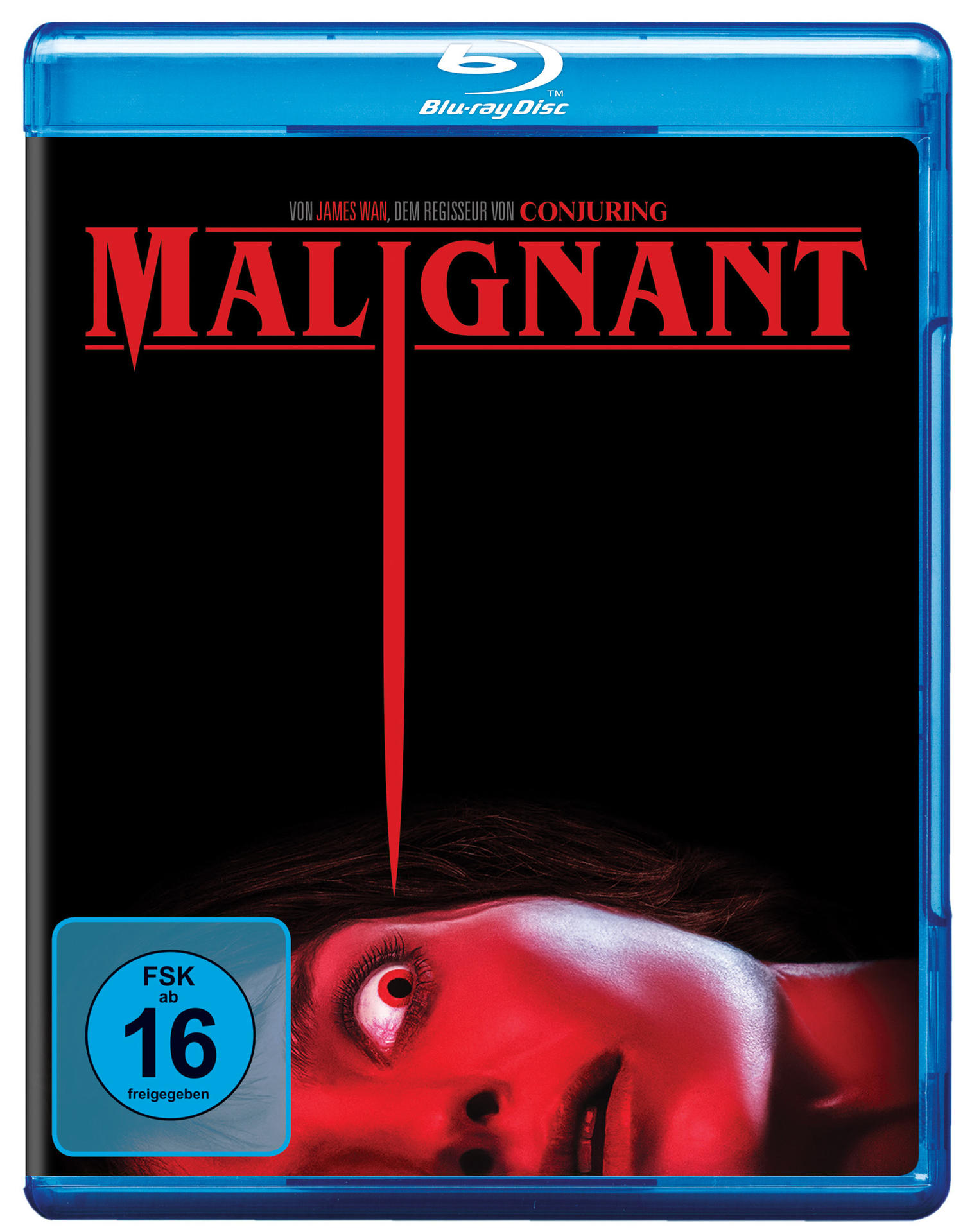 Malignant Blu-ray Cover, rot und schwarz mit Gesicht.