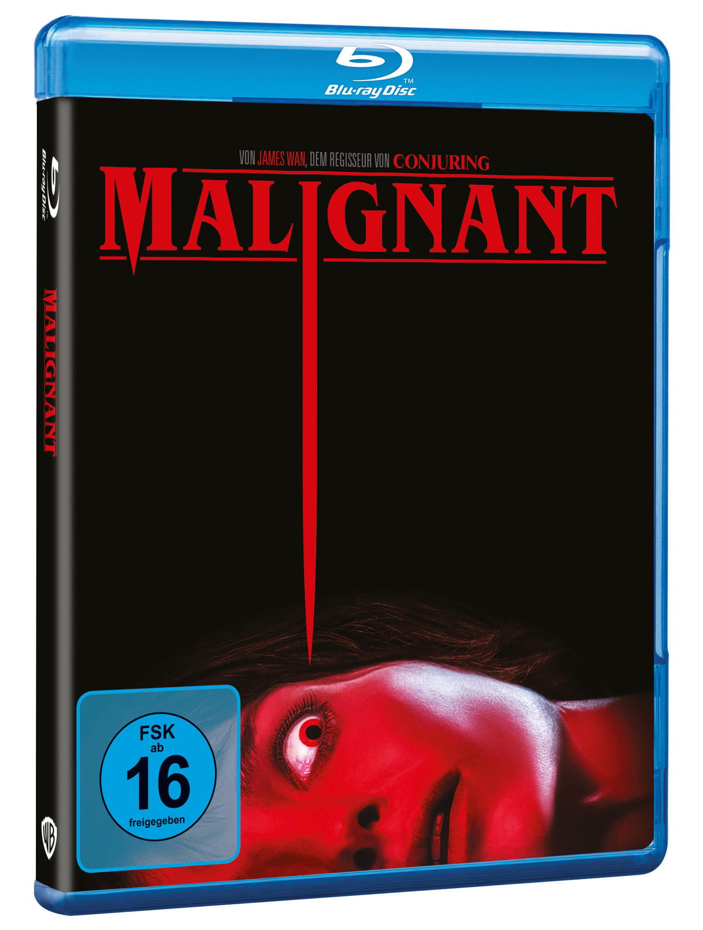 Blu-ray-Disc-Hülle des Films 'Malignant'. Rotes Gesichts-Bild auf dem Cover.