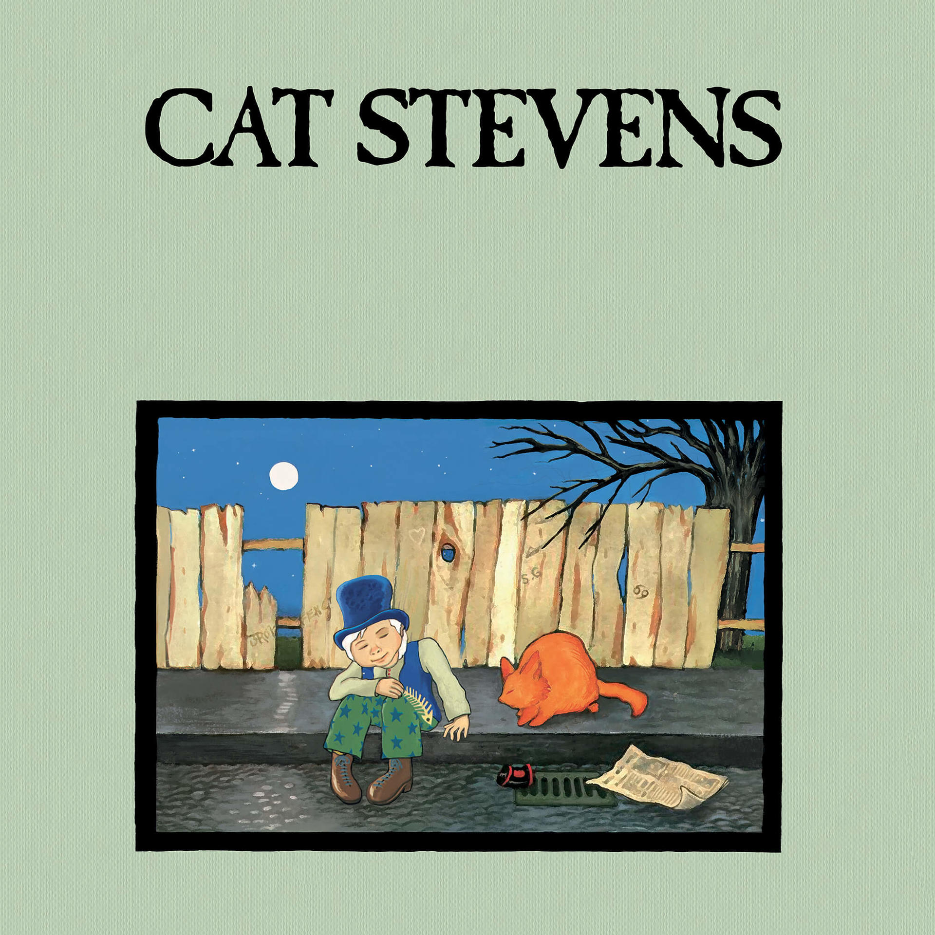 Cat Stevens Albumcover. Ein Junge mit Hut sitzt an einem Zaun, mit einer Katze.
