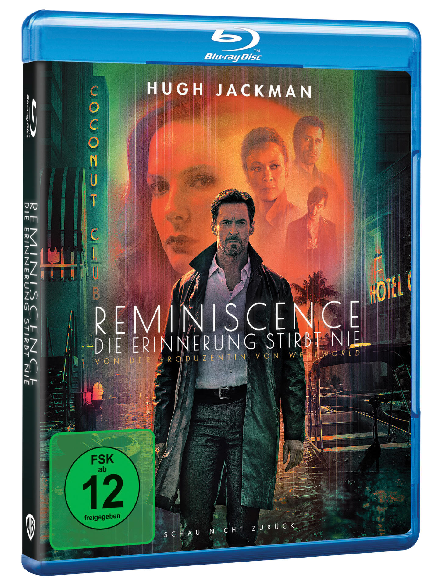 Blu-ray Disc des Films Reminiscence, mit Hugh Jackman, mit einem lebendigen Cover-Design.