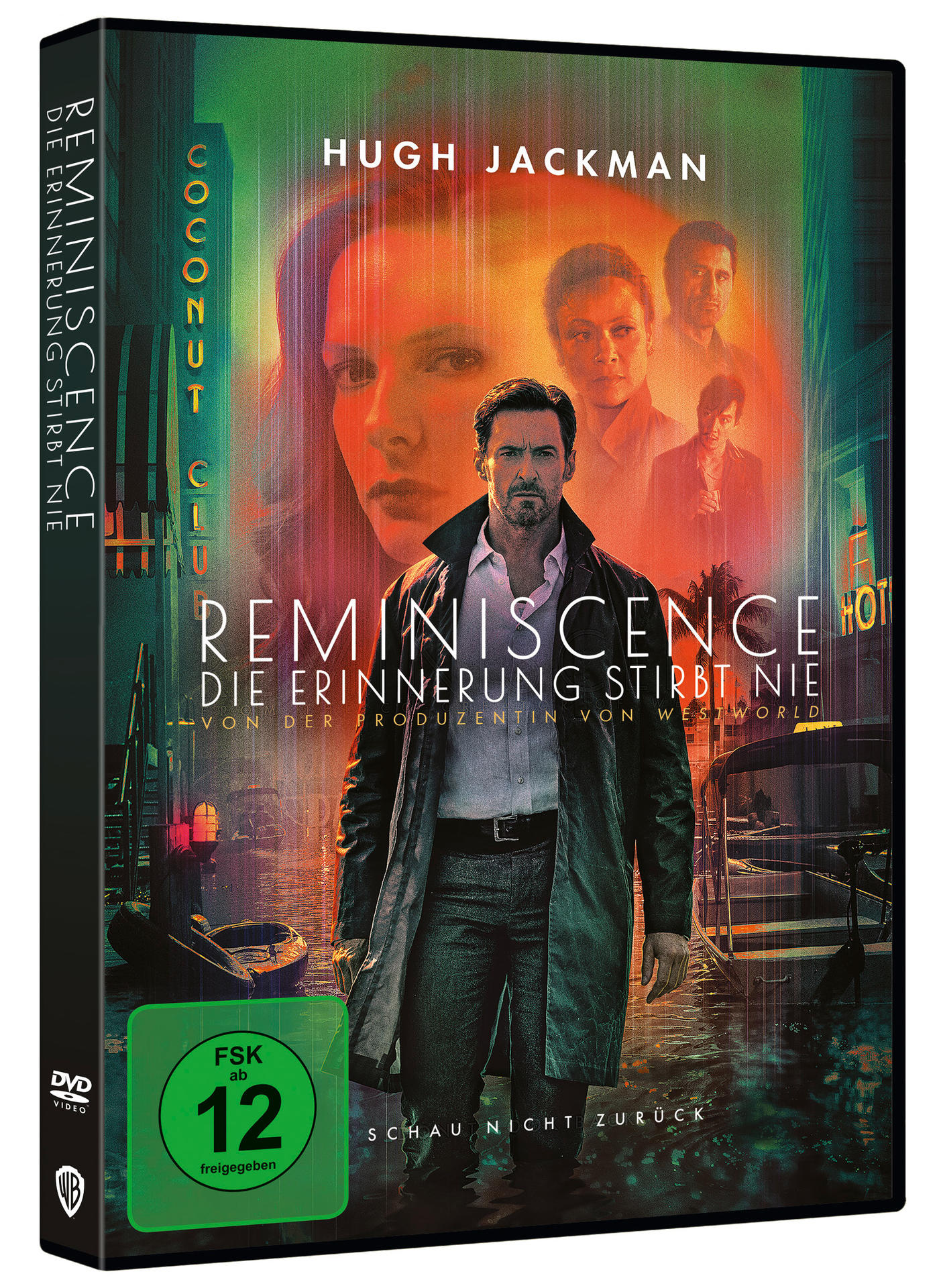 DVD-Cover für Reminiscence, mit Hugh Jackman und Stadtkulisse.