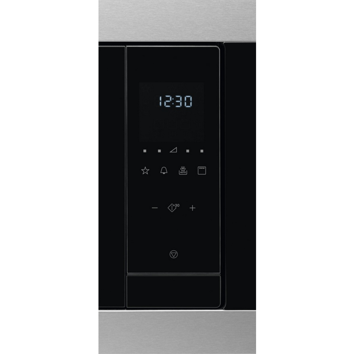 Primer plano de un panel de control de microondas negro con una pantalla digital que muestra la hora.