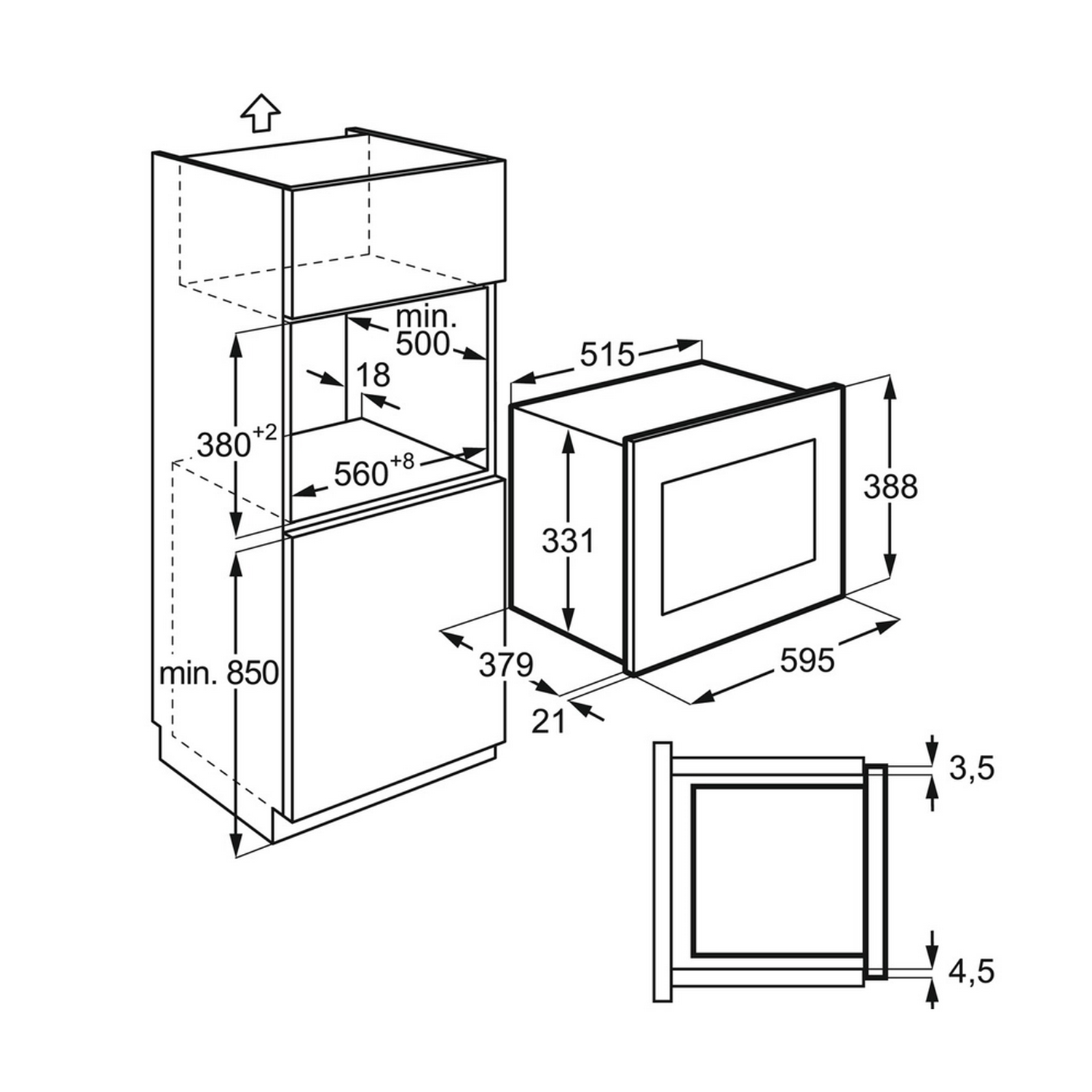 Diagrama de horno empotrado con medidas. Muestra dimensiones del horno y gabinete.