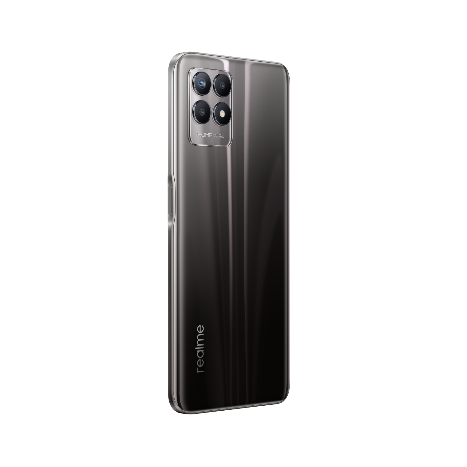 Smartphone negro, vista trasera, con múltiples cámaras y el logotipo de Realme.
