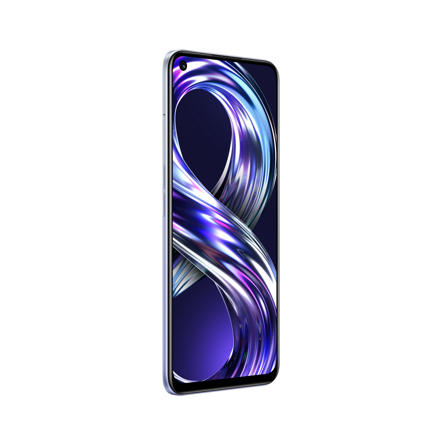 Un teléfono morado con pantalla curva, aislado sobre fondo negro.