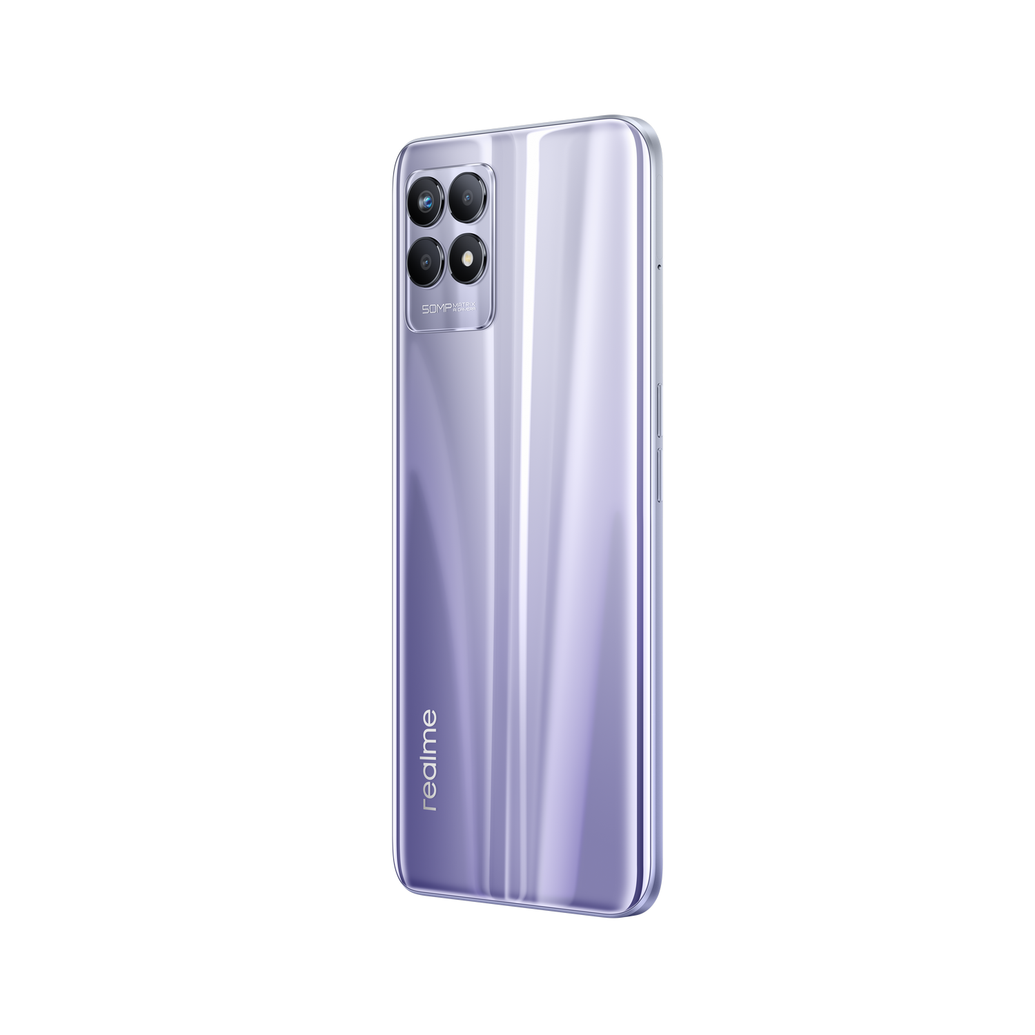 Teléfono Realme en un color púrpura degradado. La parte trasera del teléfono es visible.
