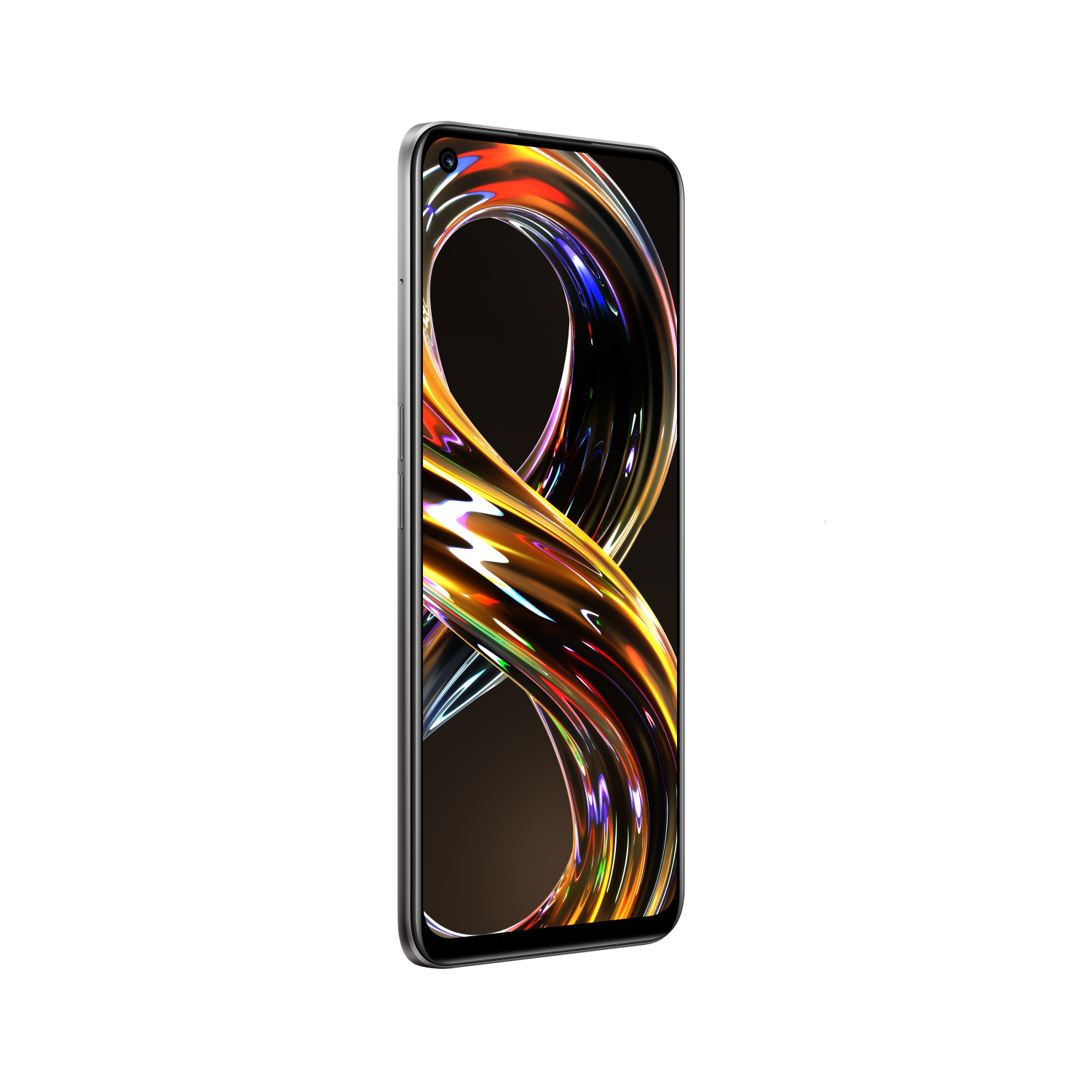 Teléfono Realme 8 Pro con fondo colorido sobre un fondo negro.