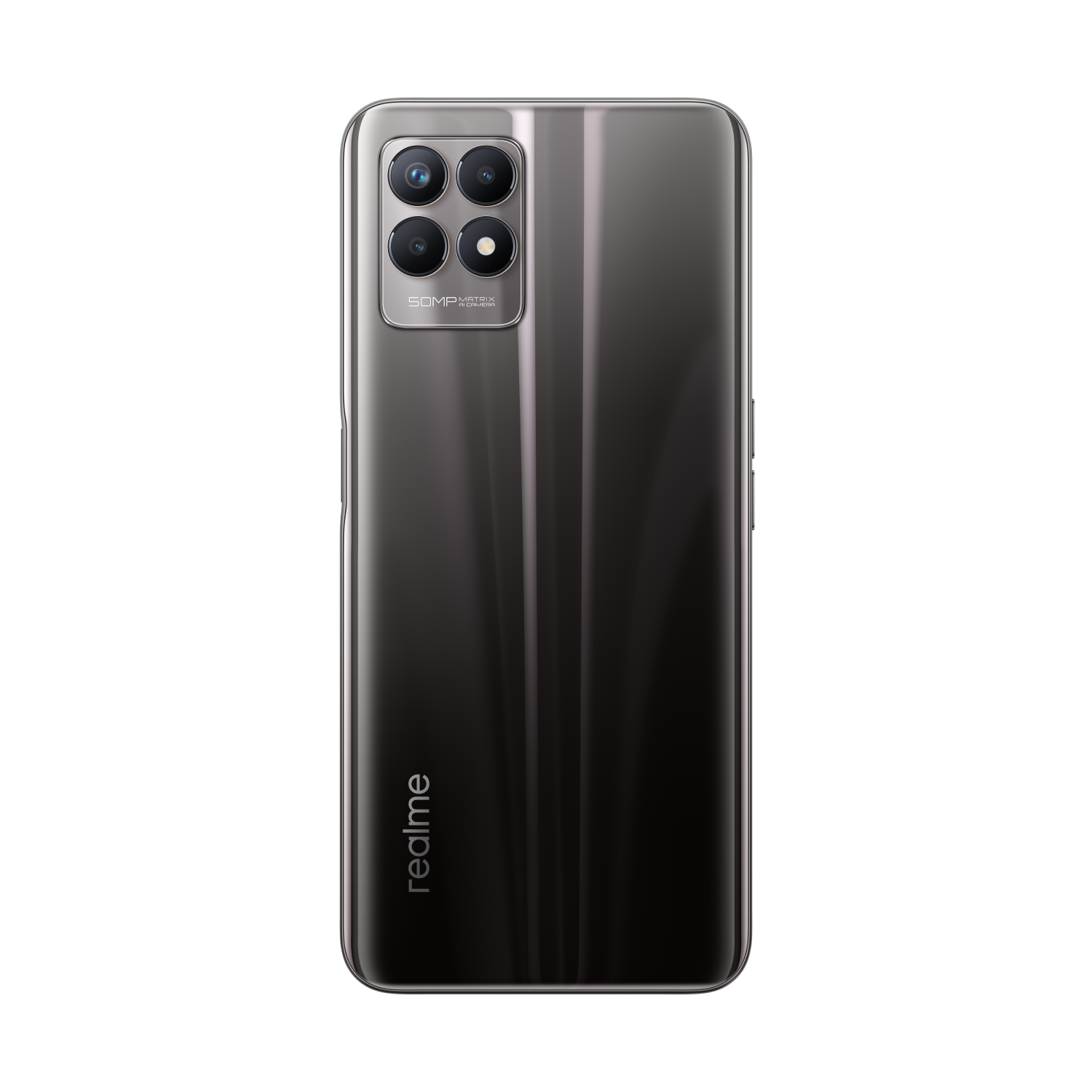 Teléfono Realme con parte trasera negra y configuración de cámara cuádruple. Logo Realme.