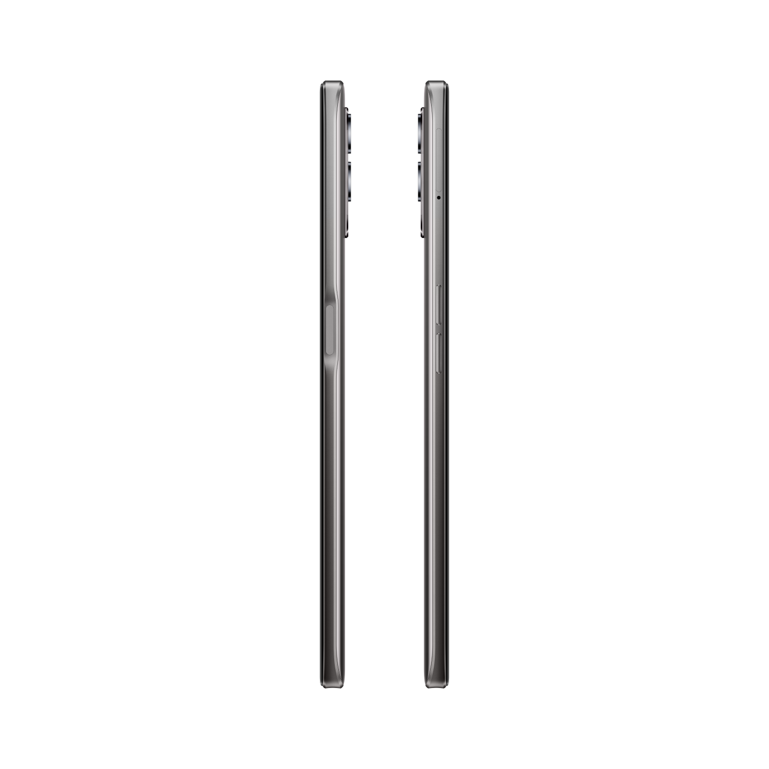 Dos teléfonos inteligentes, vista lateral. Los teléfonos son negros con un diseño elegante.