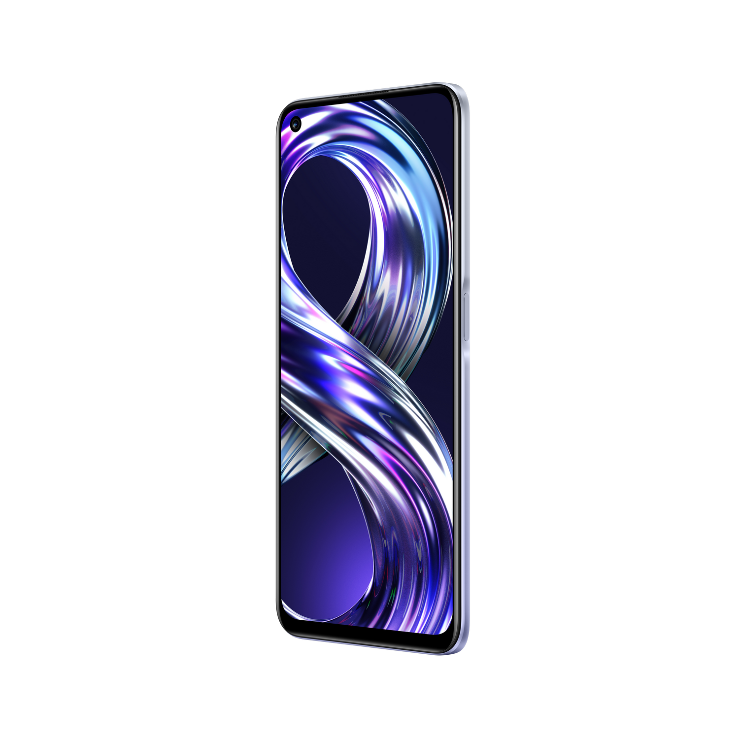 Un smartphone en un color degradado púrpura-azul, visto desde un ángulo lateral.