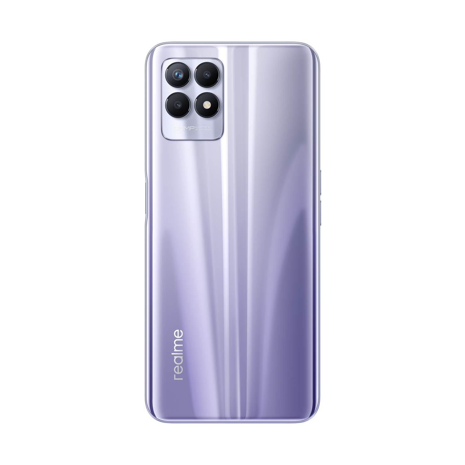 Parte trasera púrpura de un smartphone con cuatro lentes de cámara y el logotipo de Realme. Fondo negro.