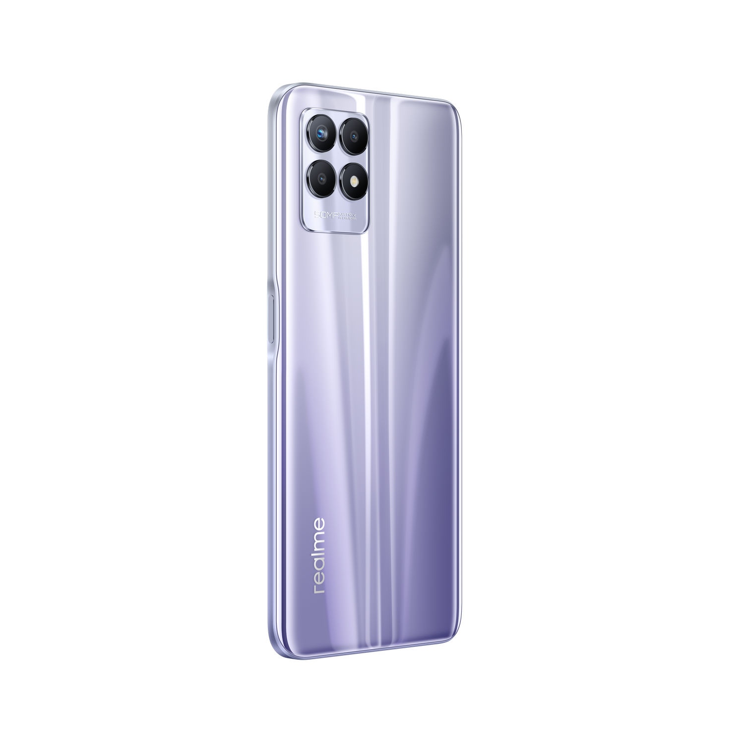 Smartphone morado. La parte trasera muestra cámara, logotipo y color degradado.