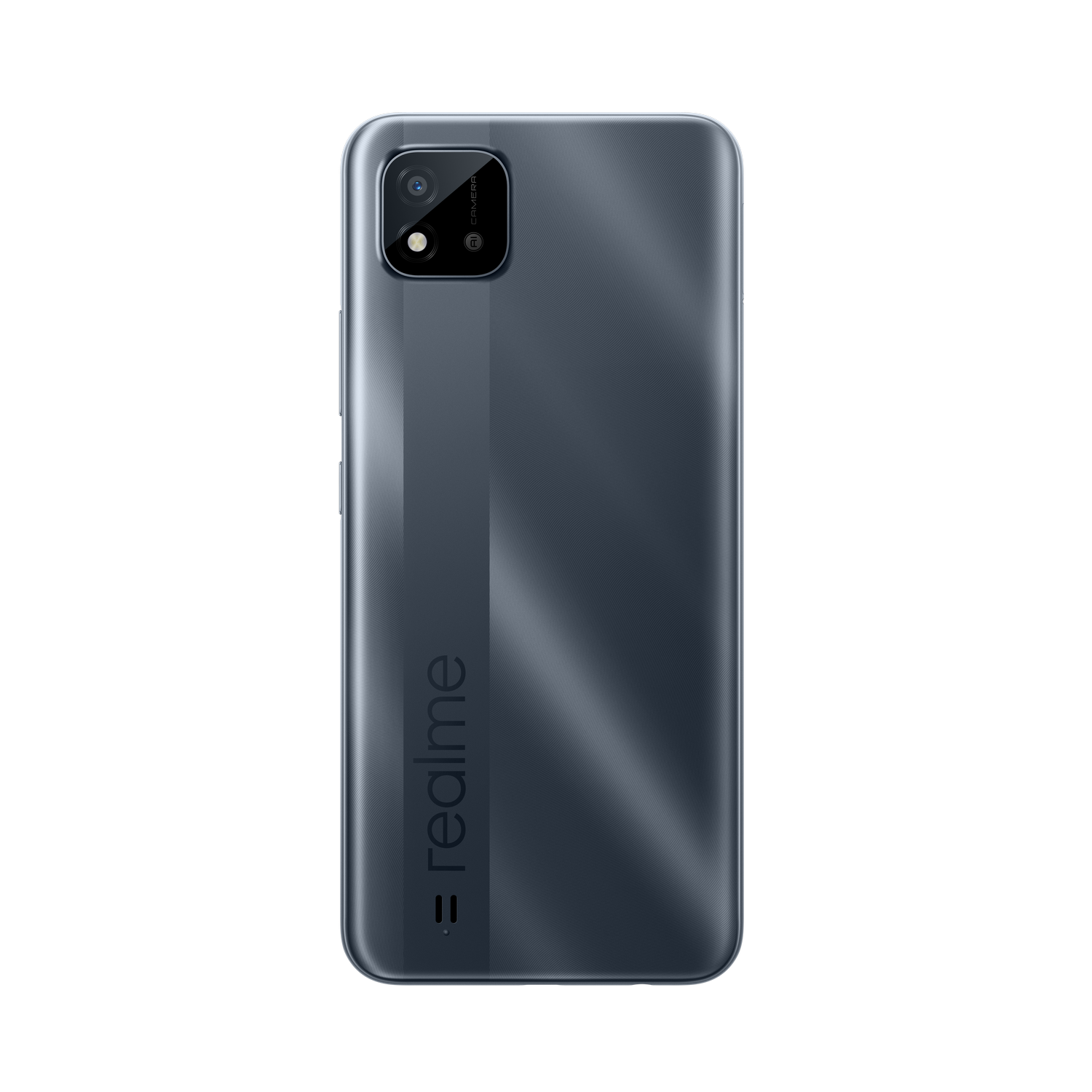 Parte trasera de smartphone gris oscuro con logo 'realme'. Cámara en la esquina superior izquierda.