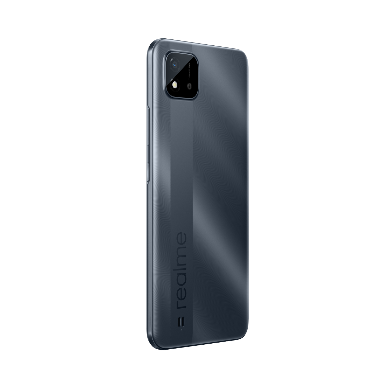 Parte trasera de un smartphone negro, con el logo de Realme y detalles de la cámara.