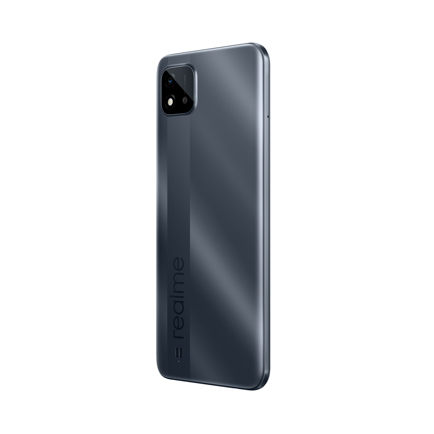 Vista trasera de un smartphone gris oscuro. La palabra 'realme' está impresa verticalmente.